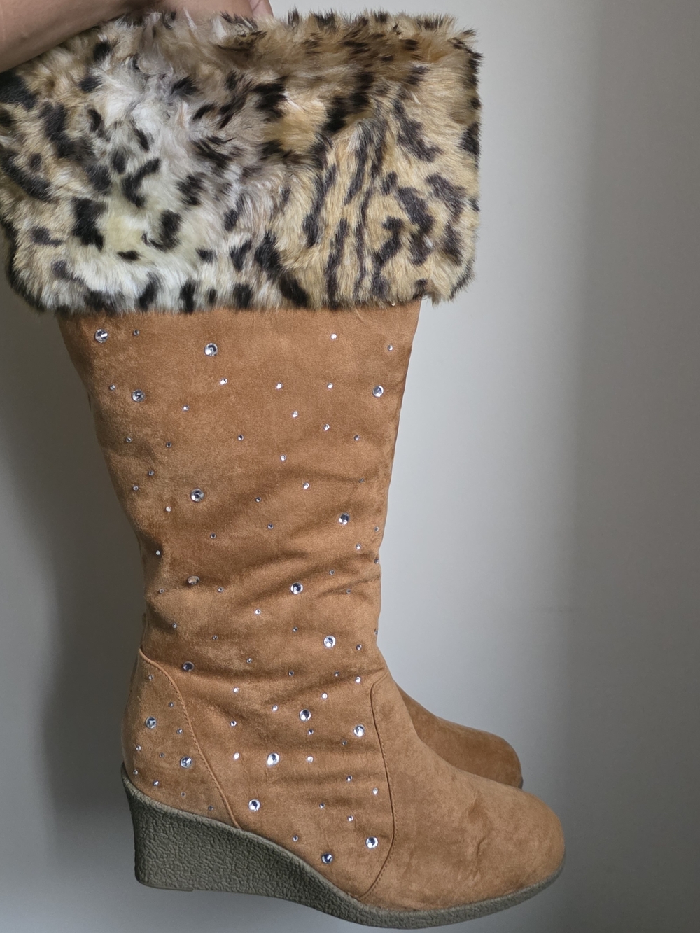 Joan Boyce Tan Suede Wedge Boots with Fur Cuff and Rhinestones